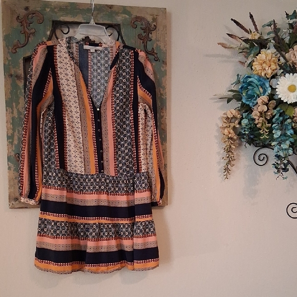 LOFT Navy and Orange Patterned Long Sleeve Dress. Good Condition Size Small - Picture 6 of 17